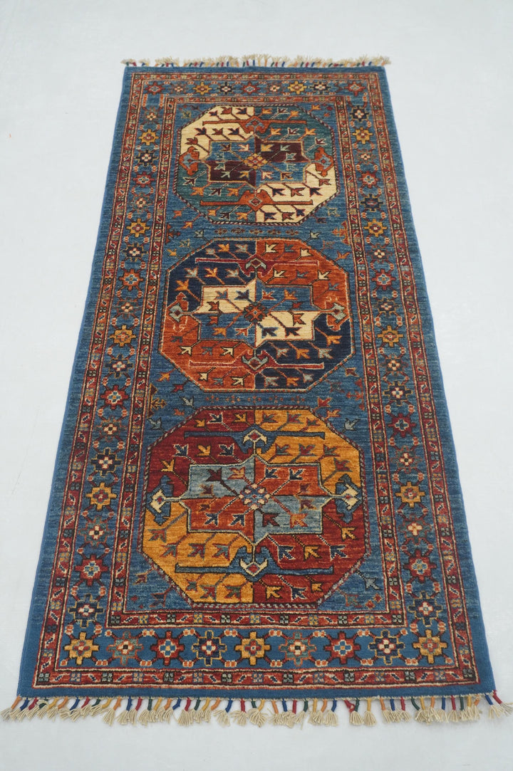 3x6 Blue Ersari Turkmen Afghan Hand knotted Runner Rug