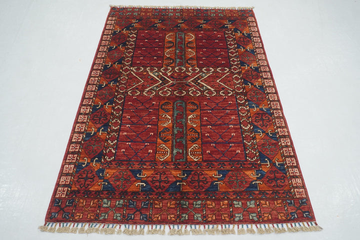 4x6 Red Pardeh Ersari Tribal Afghan hand knotted Rug