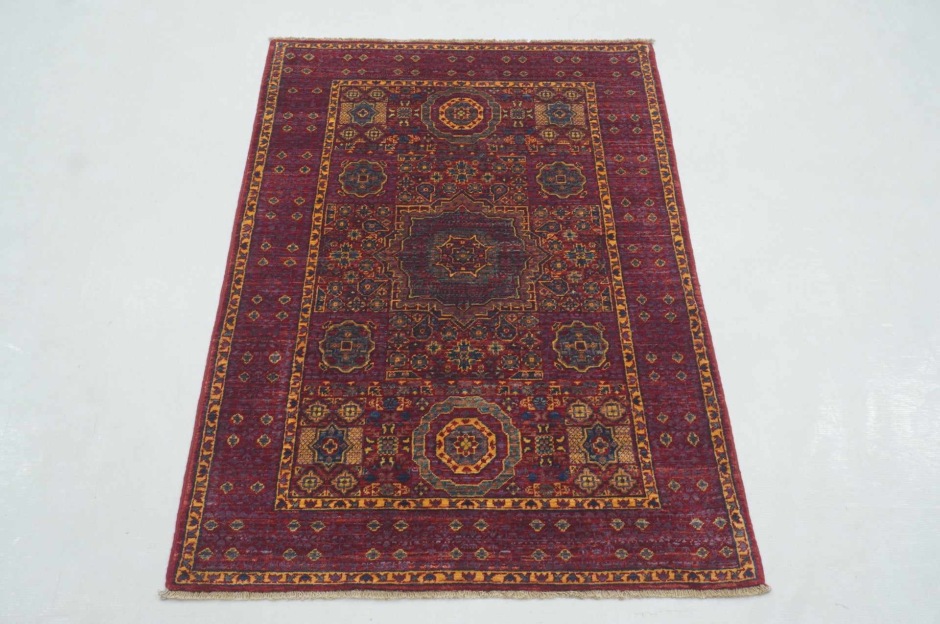 3x4 Red Mamluk Turkish Hand knotted Geometric Medallion Rug