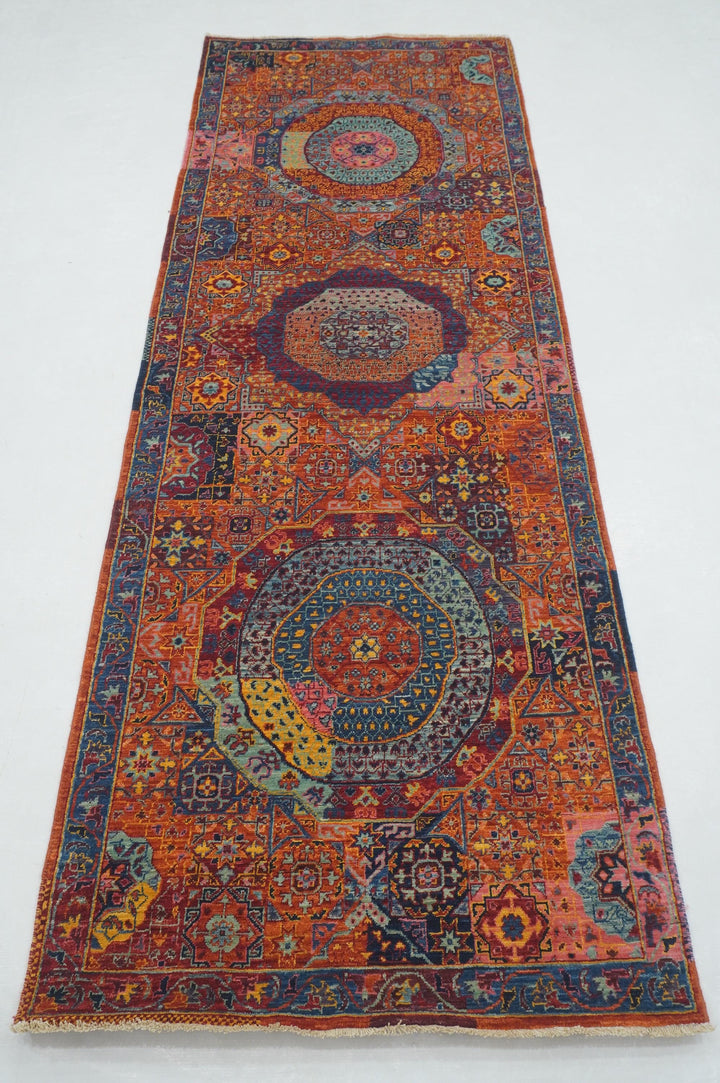 8 ft Orange Mamluk Turkish Hand knotted Medallion Runner Rug