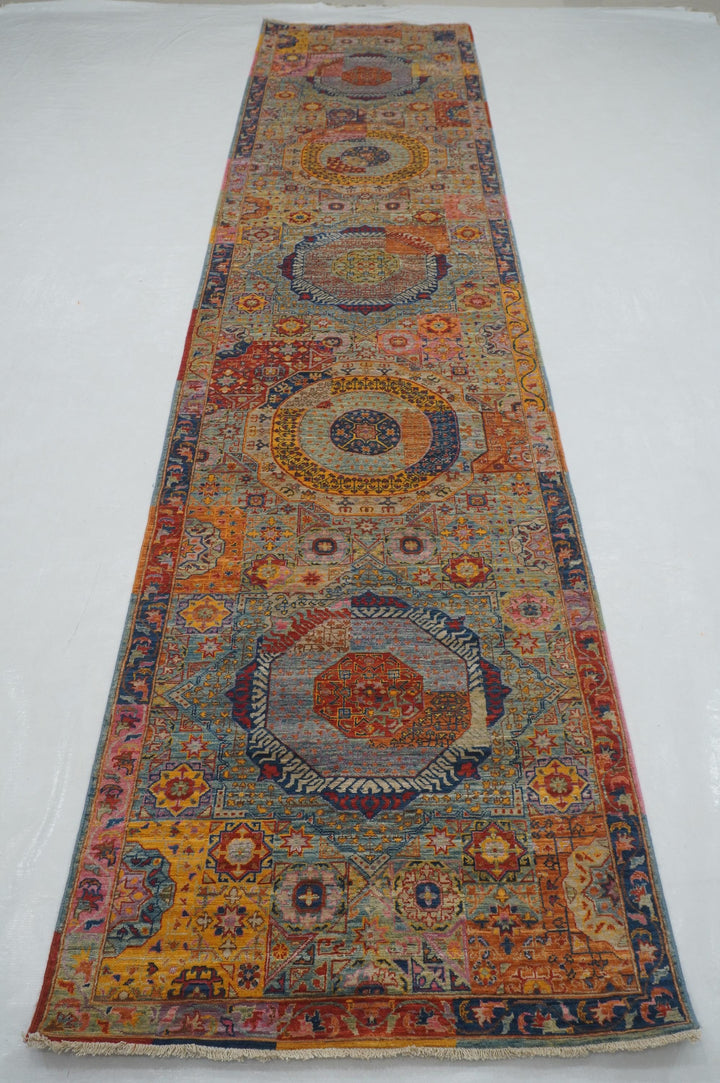 3x13 Blue Mamluk Turkish Hand knotted Medallion Runner Rug