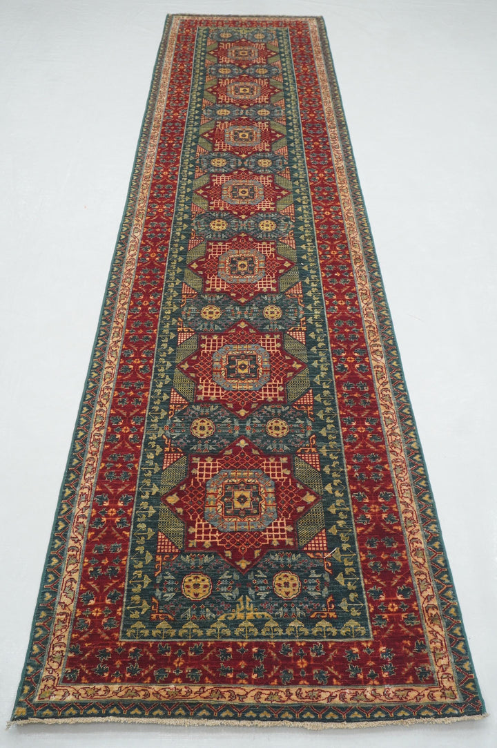 12 ft Green Mamluk Turkish Hand knotted Medallion Runner Rug