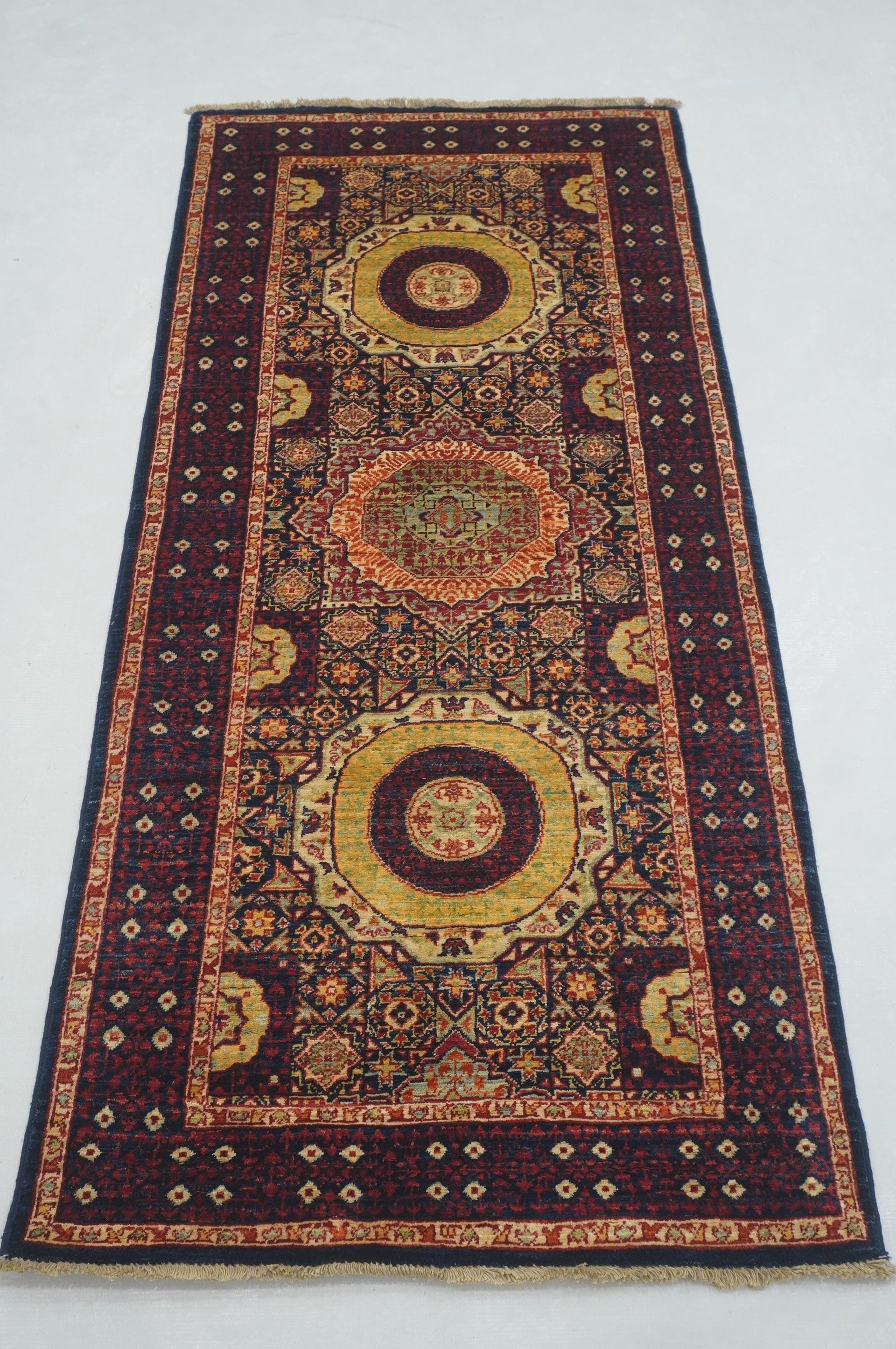 3x6 ft Navy Blue Mamluk Turkish Hand knotted Medallion Runner Rug