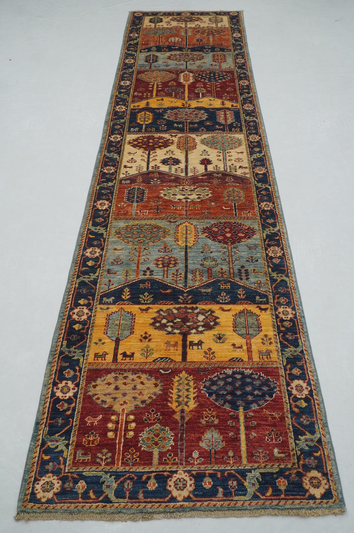 12 ft Blue Gabbeh Landscape Tree of life Afghan Runner Rug