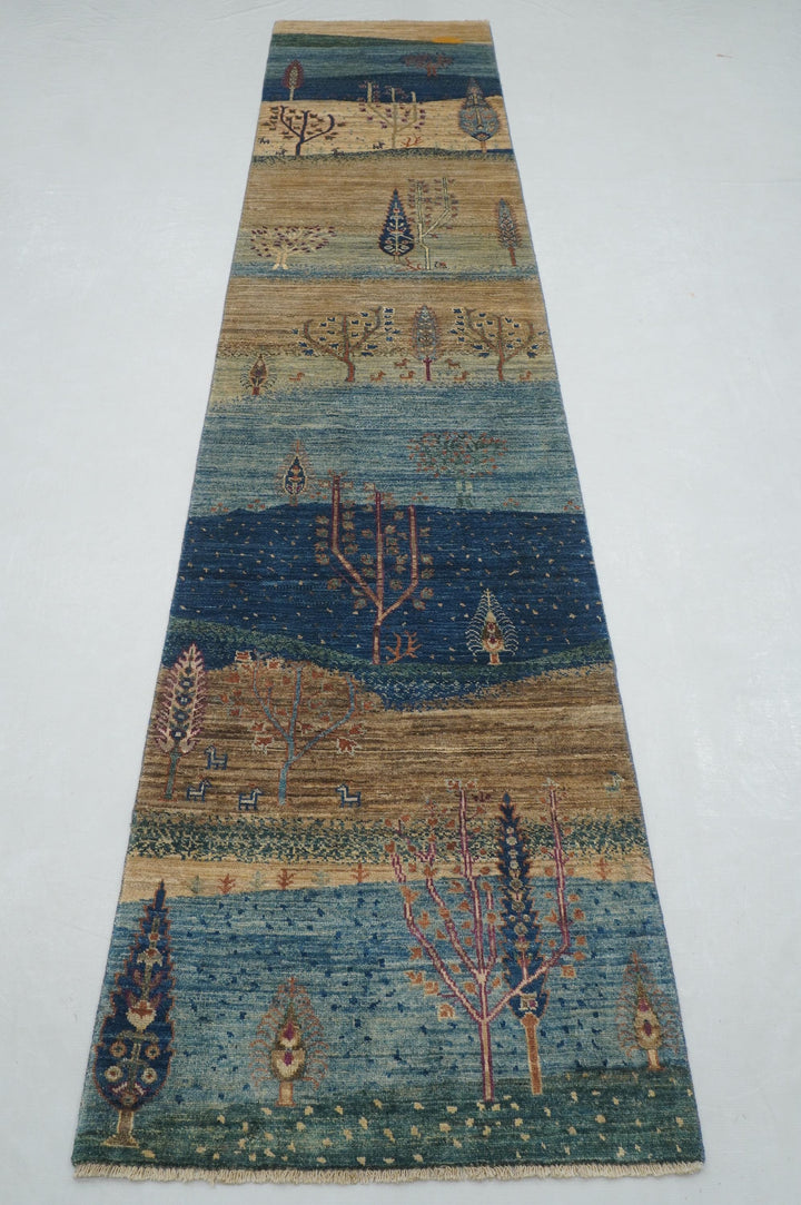 12 ft Blue Gabbeh Tree of Life Landscape Afghan Runner Rug