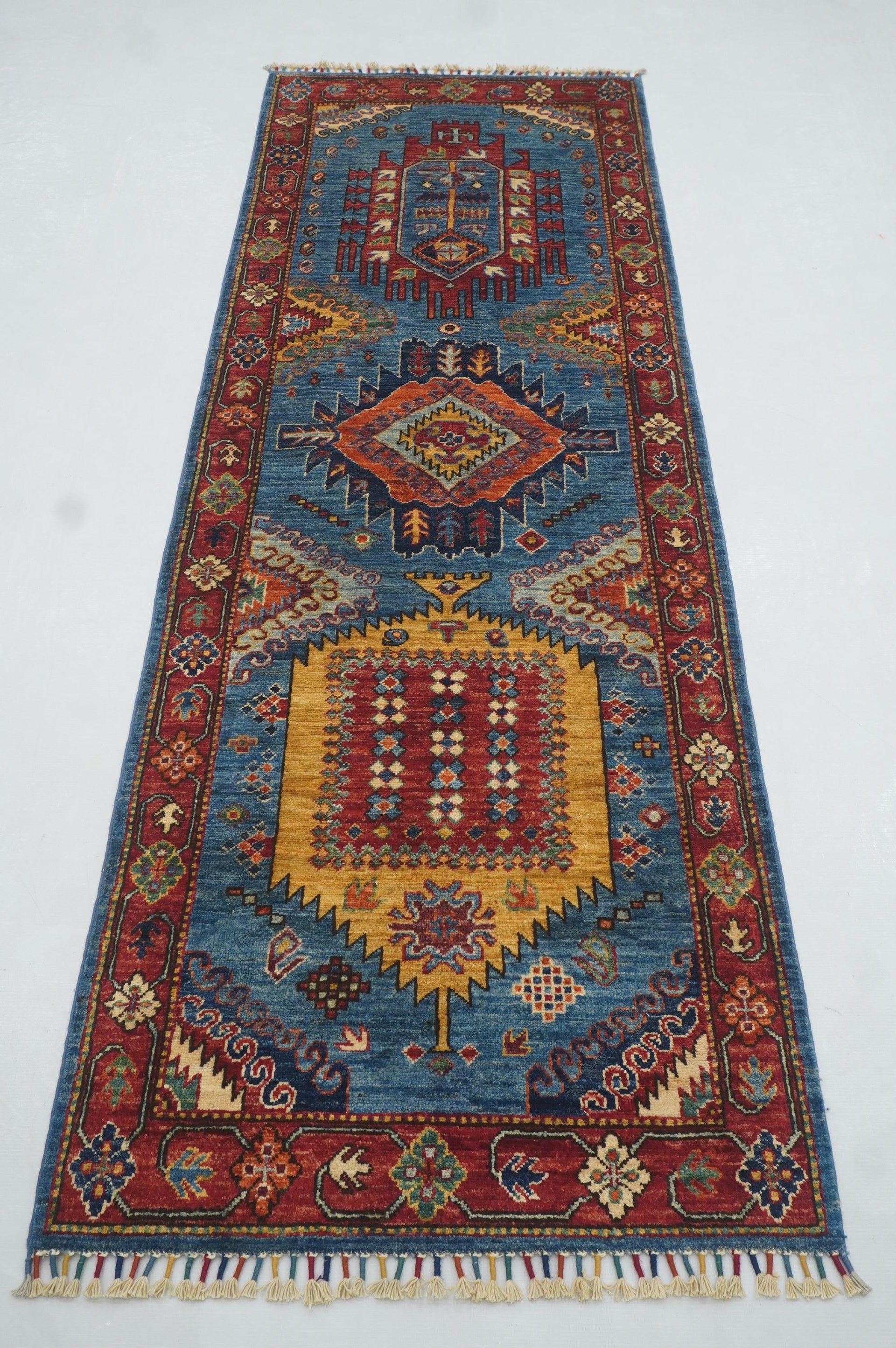 8 ft Blue Malayer Afghan Runner Rug