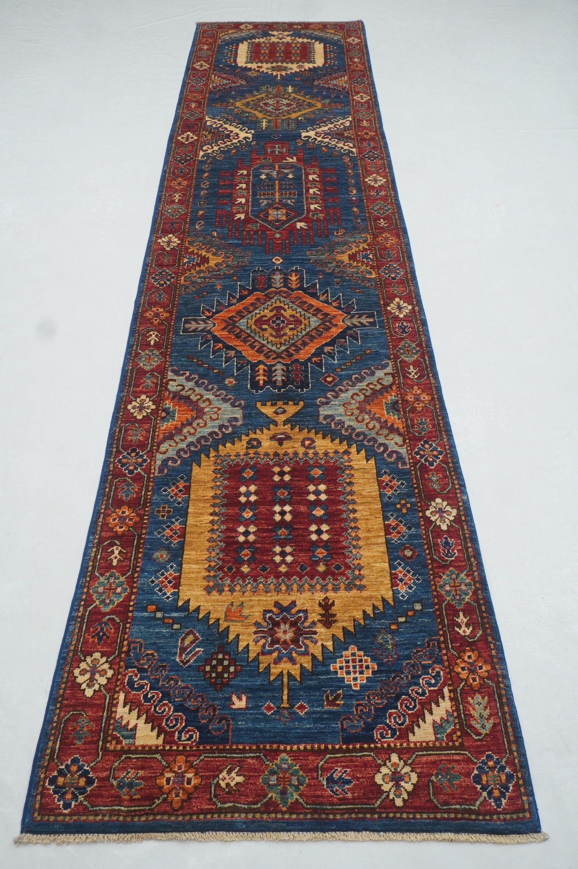 12 Ft Blue Malayer Afghan hand knotted Oriental Runner Rug