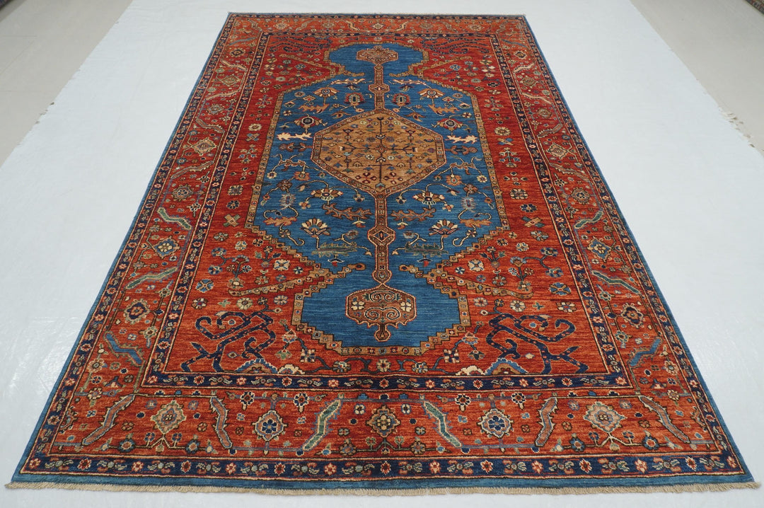 6x9 Blue Red Serapi Afghan Hand knotted Geometric Medallion Rug