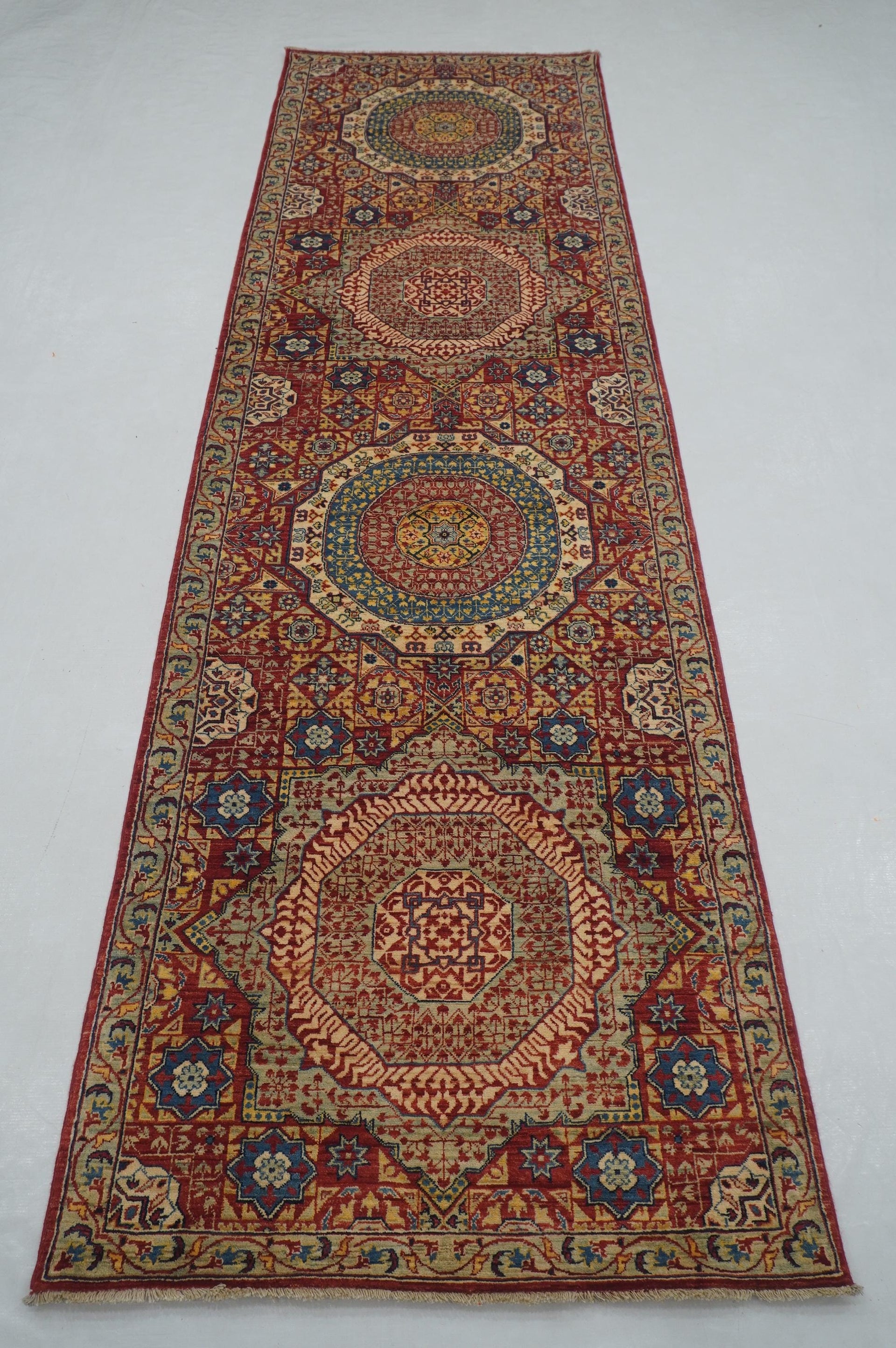 3x10 ft Red Mamluk Hand knotted Turkish Medallion Runner Rug