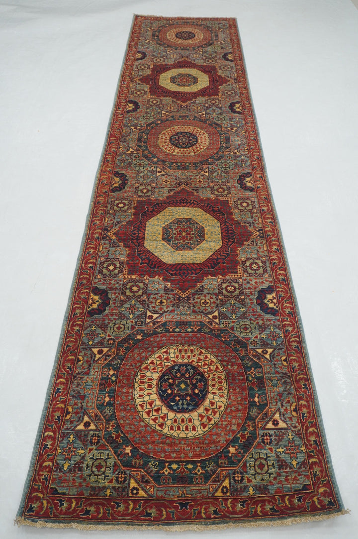 12 ft Blue Mamluk Hand knotted Turkish Medallion Runner Rug