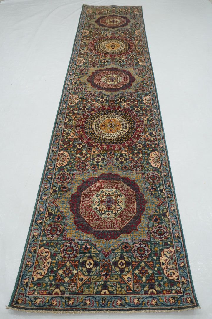 3x13 ft Green Mamluk Hand knotted Turkish Medallion Runner Rug