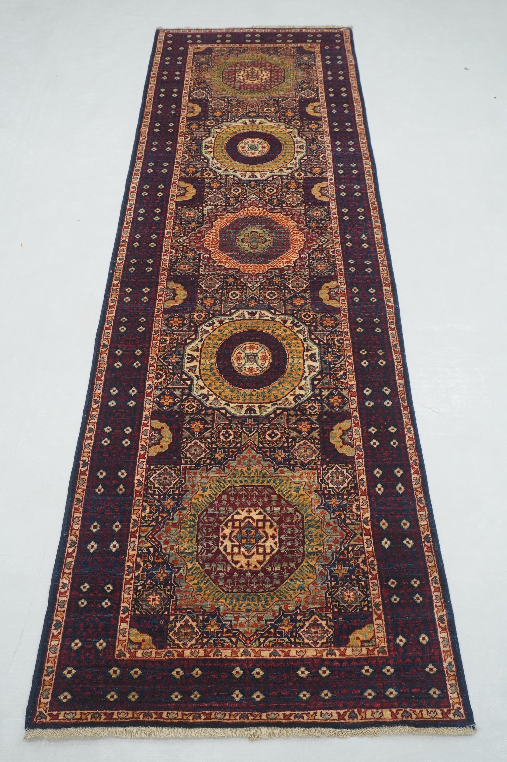 3x8 ft Navy Blue Mamluk Hand knotted Turkish Medallion Runner Rug