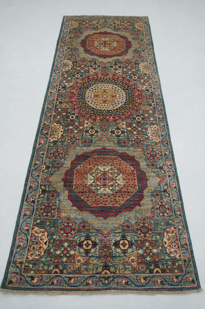 3x9 ft Green Mamluk Hand knotted Turkish Runner Rug