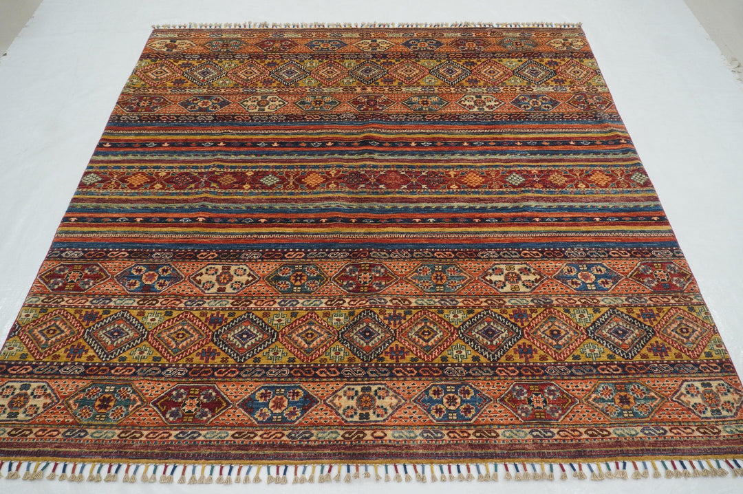 7x7 Red Afghan Hand knotted Square Tribal Rug