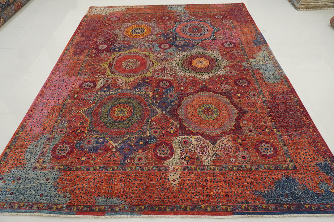 9x12 Red Mamluk Turkish Hand Knotted Modern Medallion Rug