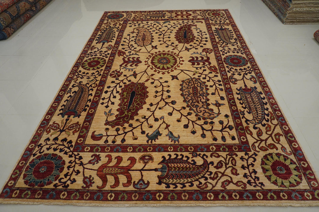 8'3x12'6 Beige Suzani Afghan Hand knotted Floral Rug