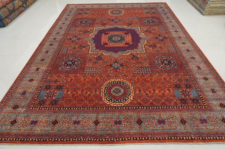 10x14 Orange Mamluk Turkish Hand knotted Geometric Medallion Rug