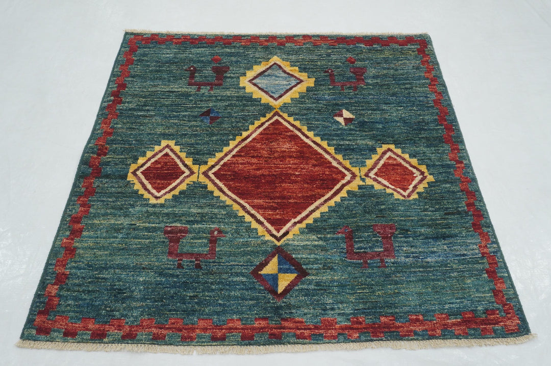 5x5 Teal Green Gabbeh Afghan Hand knotted Square Rug