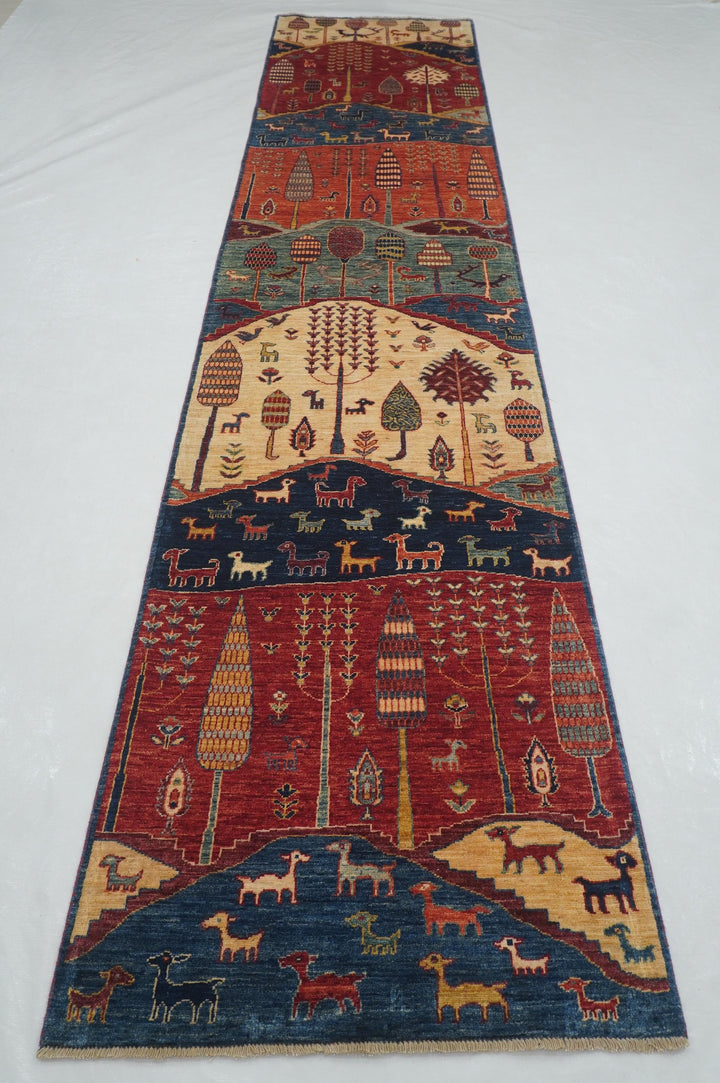 13 ft Blue Gabbeh Tree of Life Animal Landscape Afghan Runner Rug