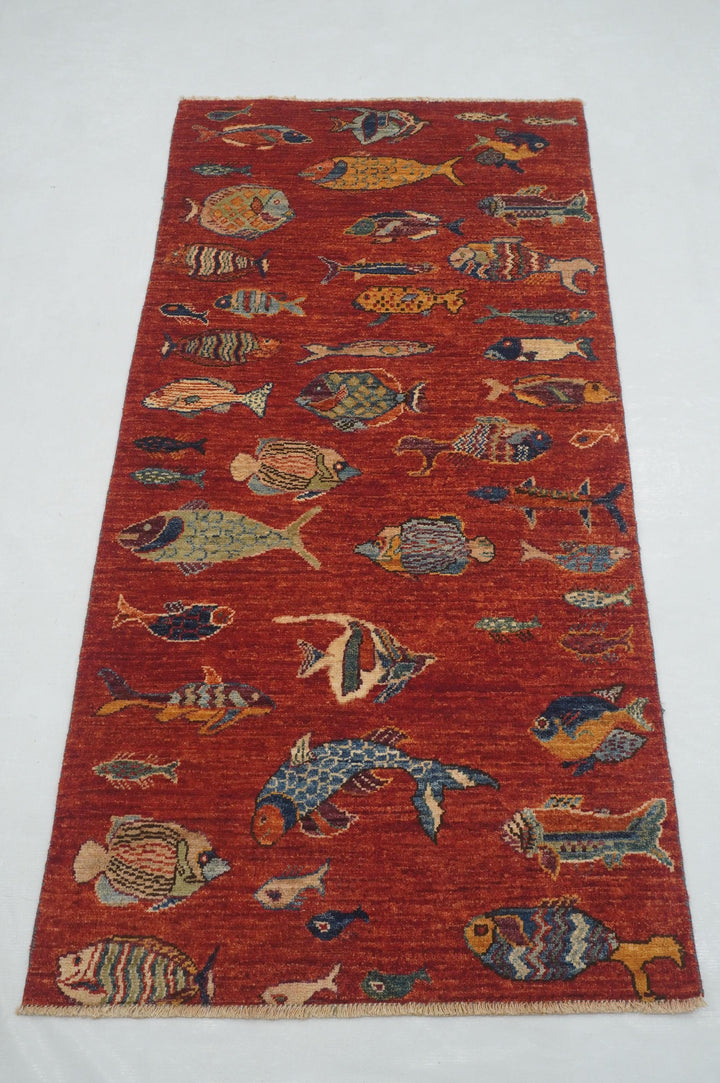 6 ft Red Fish Gabbeh Afghan Hand knotted Runner Rug