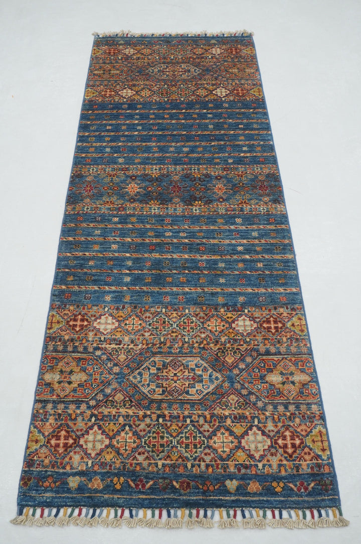 7 ft Blue Tribal Afghan Hand knotted Runner Rug