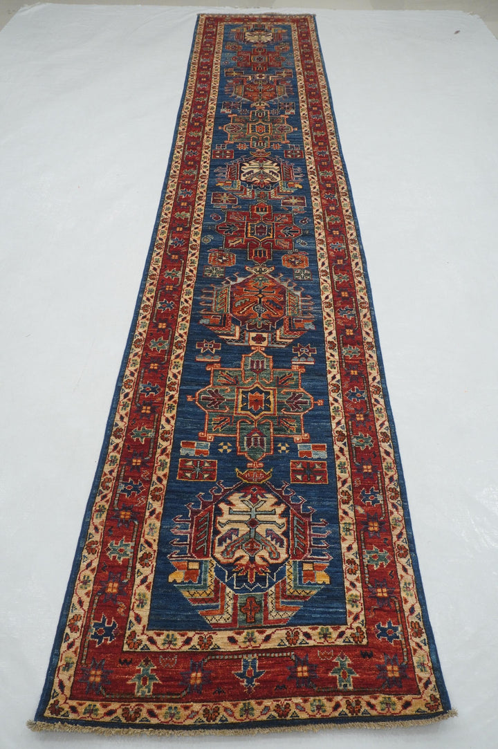 14 ft Blue Karaja Traditional Afghan Hand knotted Runner Rug