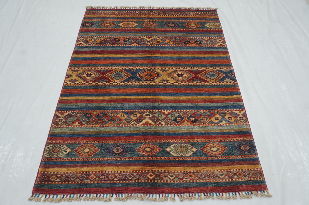 4x6 Multicolor Striped Tribal Afghan Hand knotted Rug