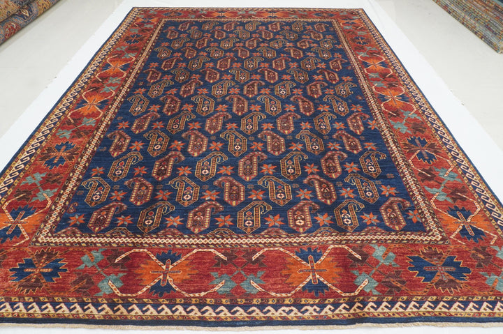 9x12 Navy Blue Motif Baluch Afghan Hand Knotted Oriental Rug