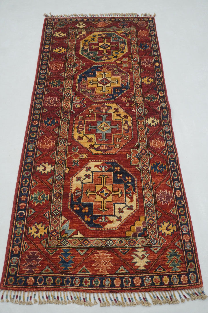 7 ft Red Ersari Afghan Hand knotted Runner Rug