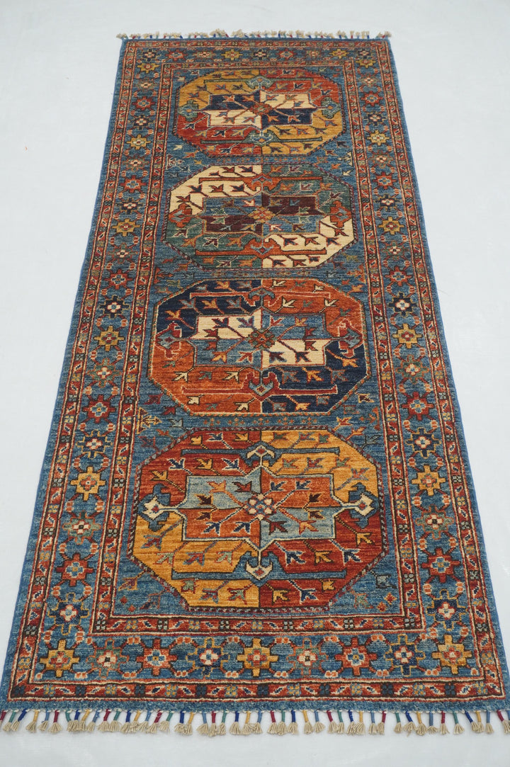 7 ft Blue Ersari Afghan Hand knotted Runner Rug