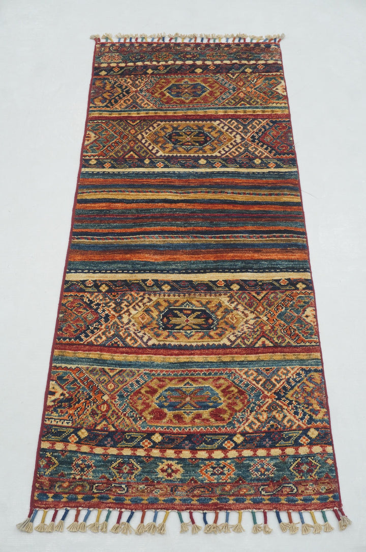 2x5 Tribal Multicolor Afghan hand knotted Runner Rug