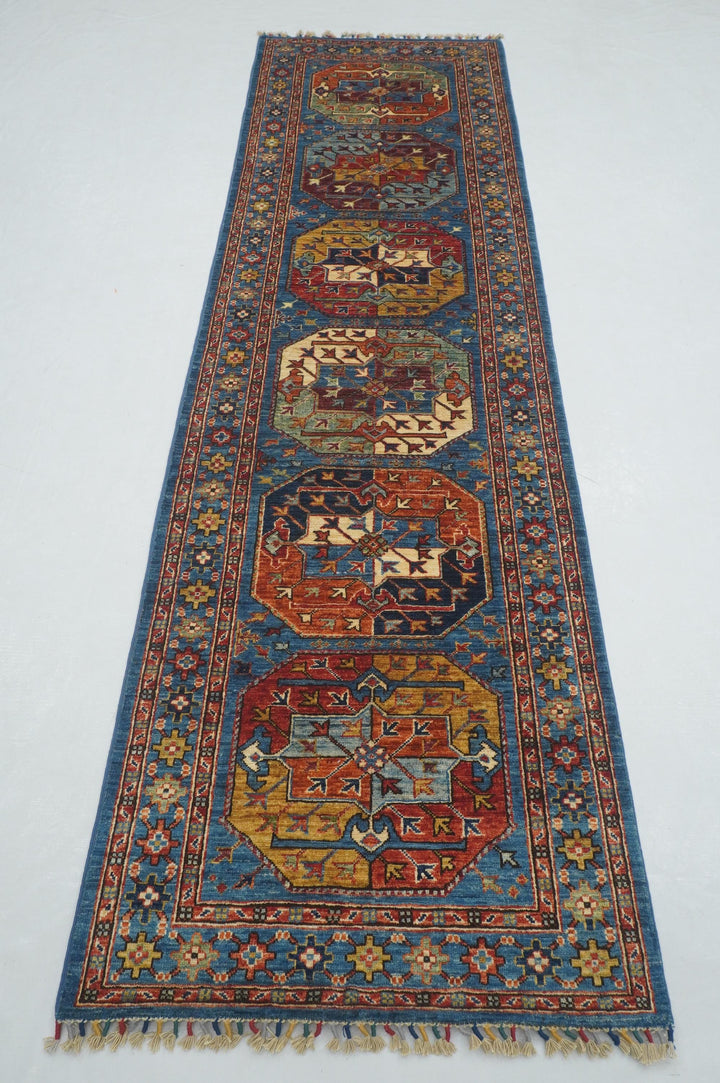 10 ft Blue Ersari Turkmen Afghan Hand knotted Runner Rug