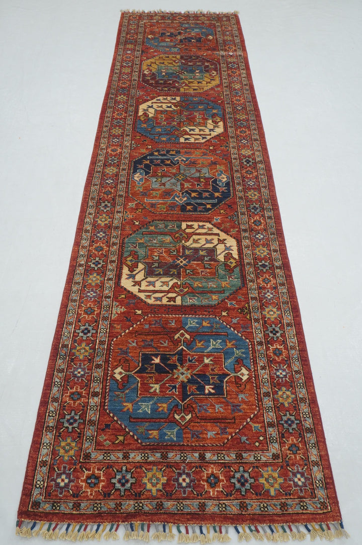 11 Ft Red Ersari Elephant foot Afghan hand knotted Oriental Runner Rug