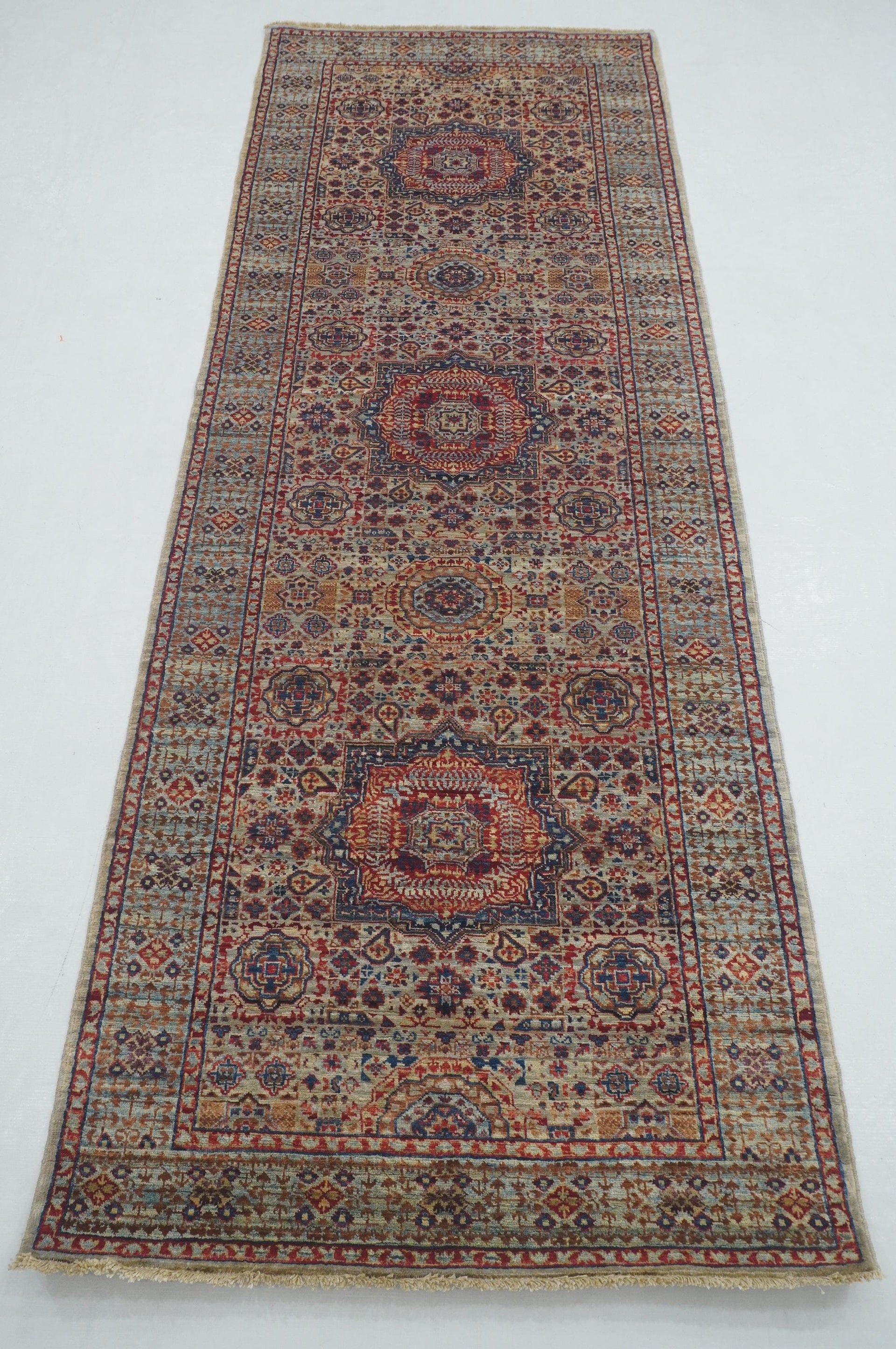 8 ft Gray Mamluk Hand knotted  Turkish Medallion Runner Rug