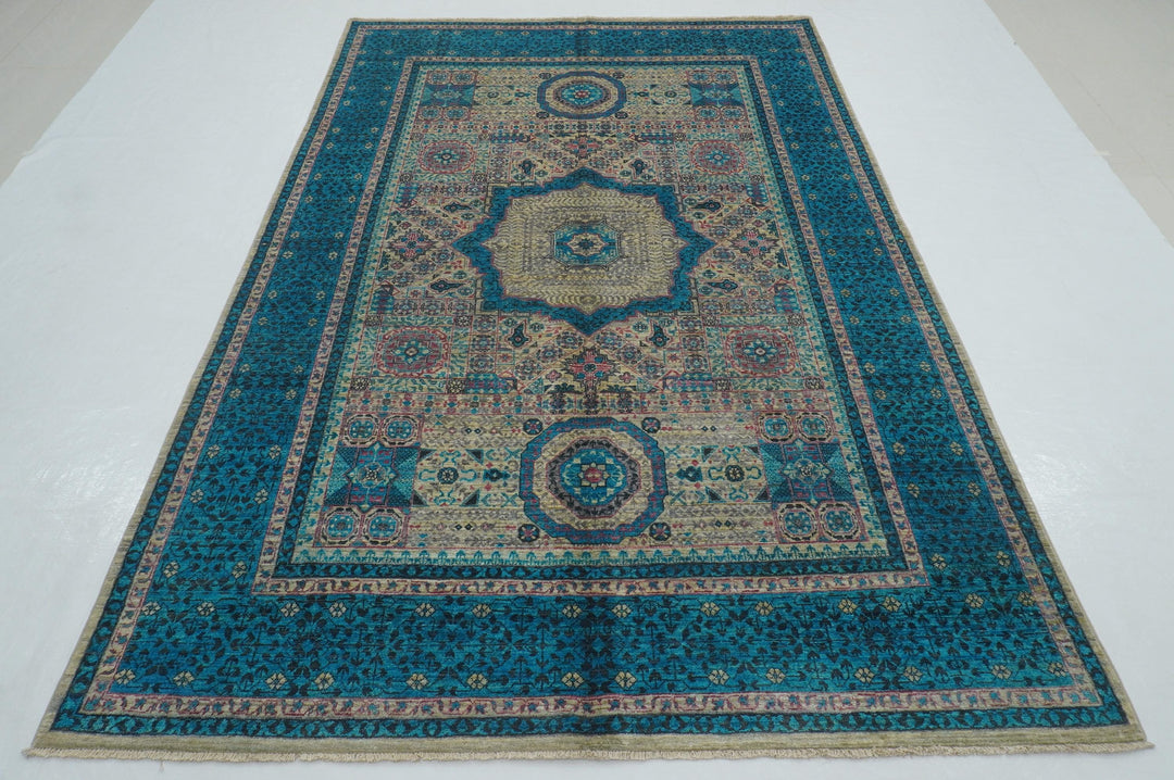 6x8 Gray Blue Mamluk Turkish Hand Knotted Geometric Medallion Rug