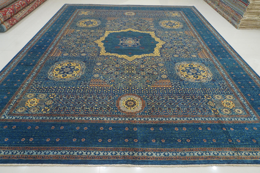 12x15 Navy Blue Mamluk Hand knotted Medallion Turkish Rug