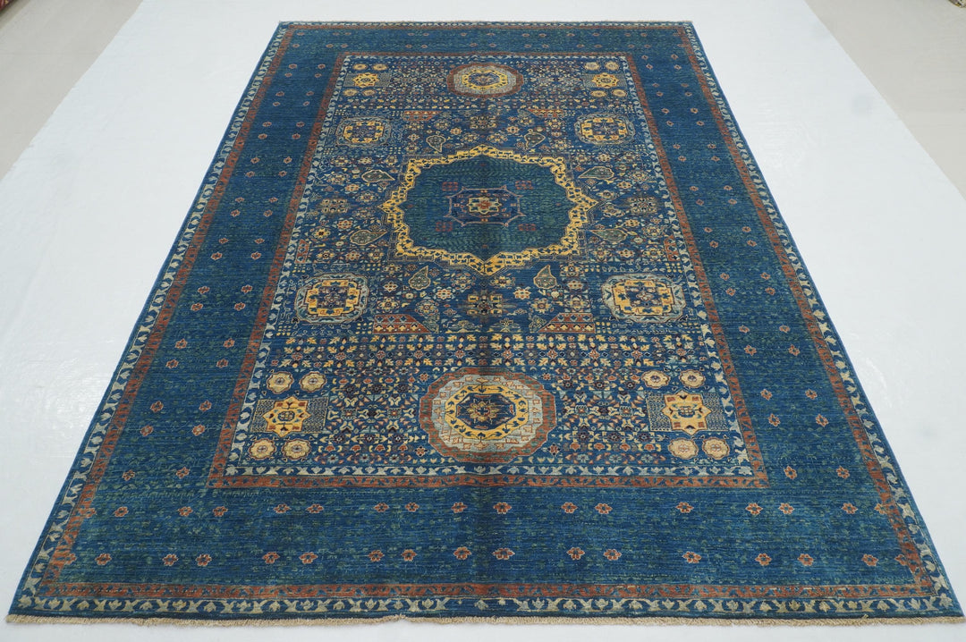 6x8'3 Blue Mamluk Turkish Hand Knotted Geometric Medallion Rug