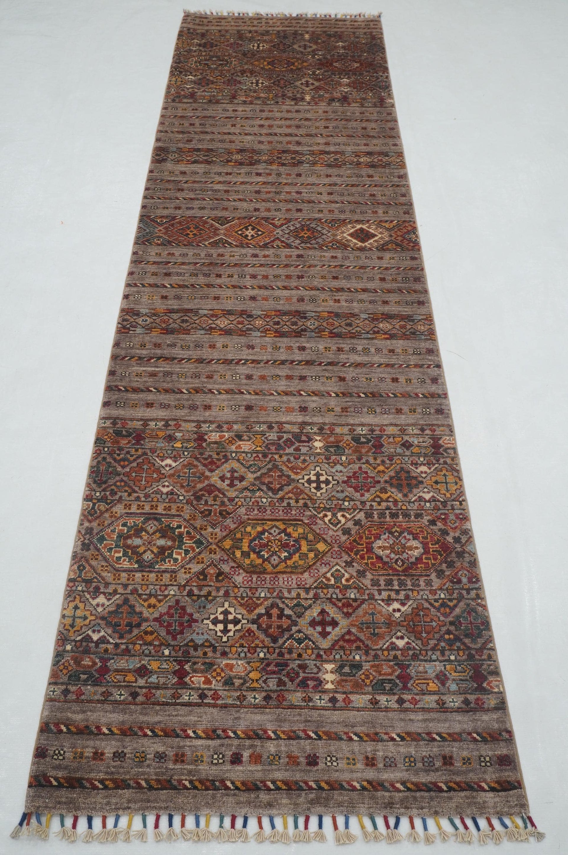 3 x 10 Gray Tribal Afghan Hand knotted Runner Rug - Yildiz Rugs