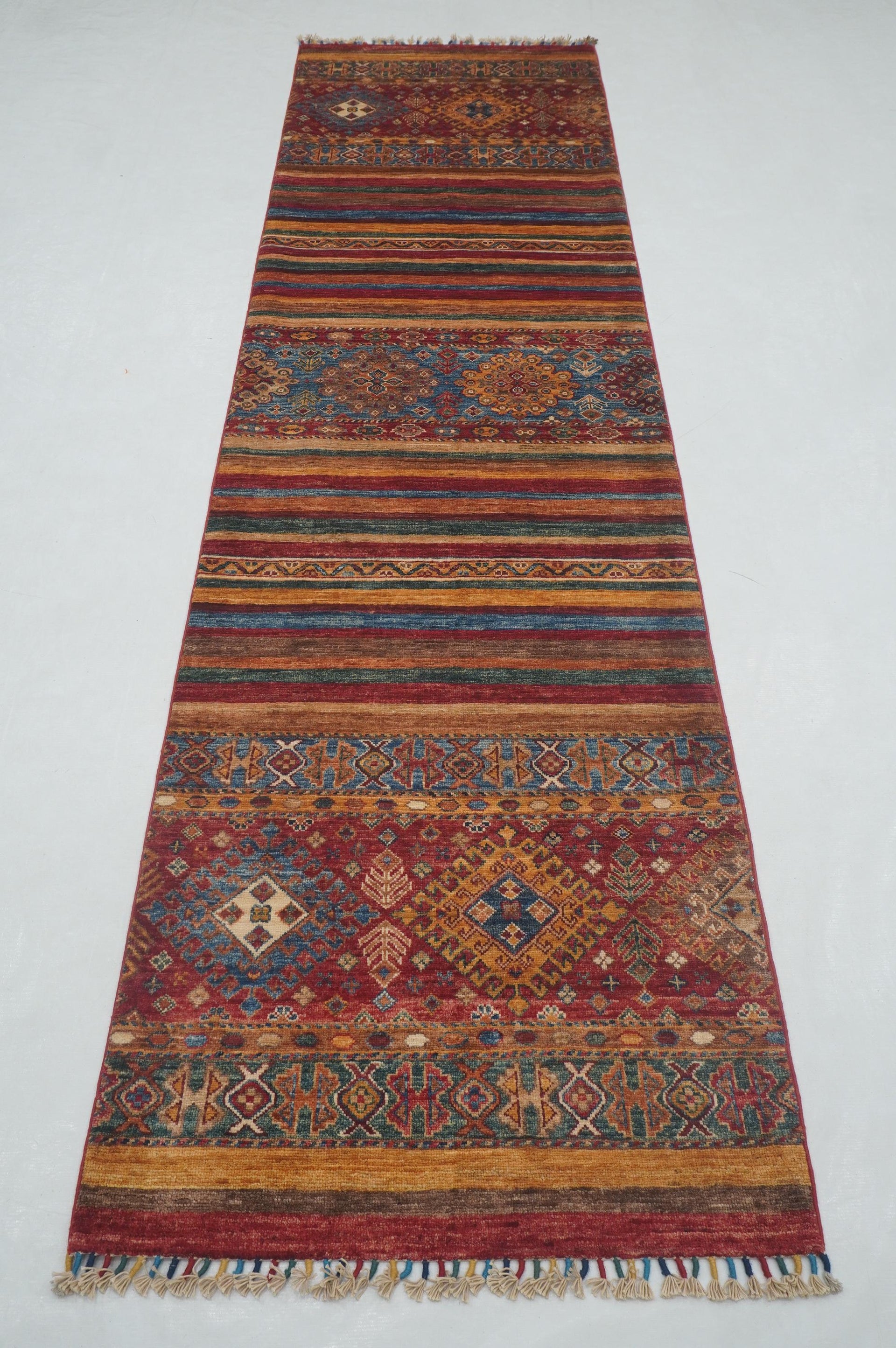 3 x 10 Red Tribal Striped Pattern Hand knotted Runner Rug