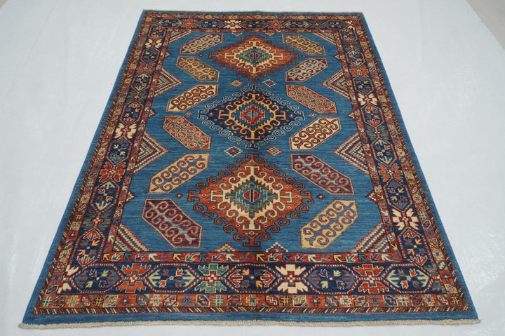 5x7 Navy Blue Kazak Afghan Hand knotted Geometric Oriental Rug