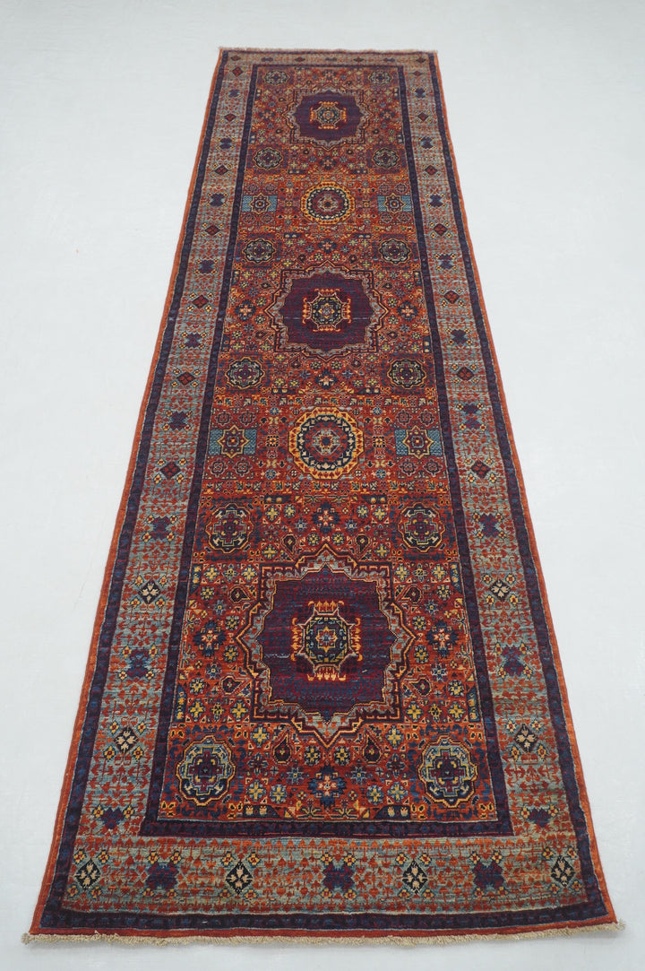 10 ft Rusty Red Mamluk Turkish Hand knotted Medallion Runner Rug