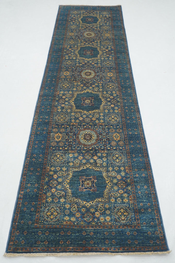 10 ft Dark Blue Mamluk Turkish Hand knotted Medallion Runner Rug