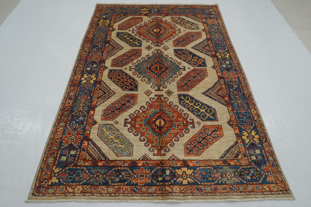 5x7 Beige Afghan Hand knotted Geometric Rug