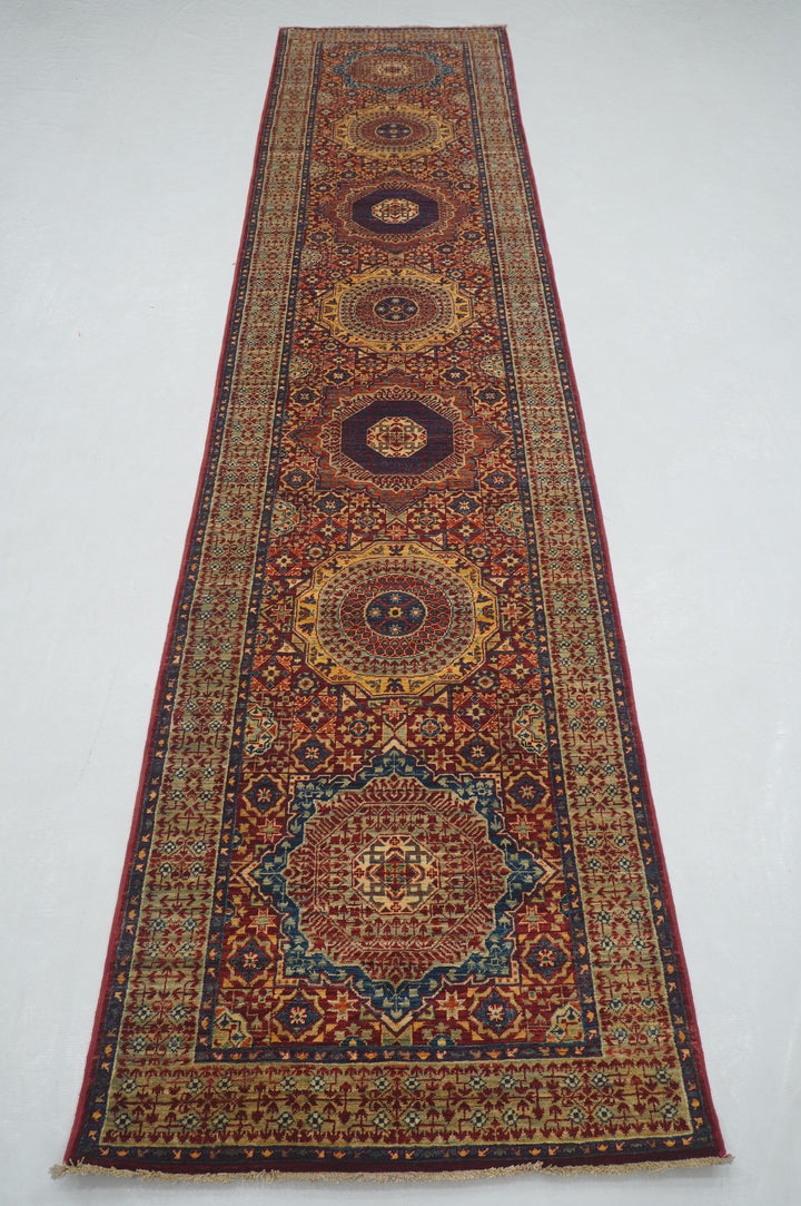 11 ft Red Mamluk Hand knotted Turkish Runner Rug