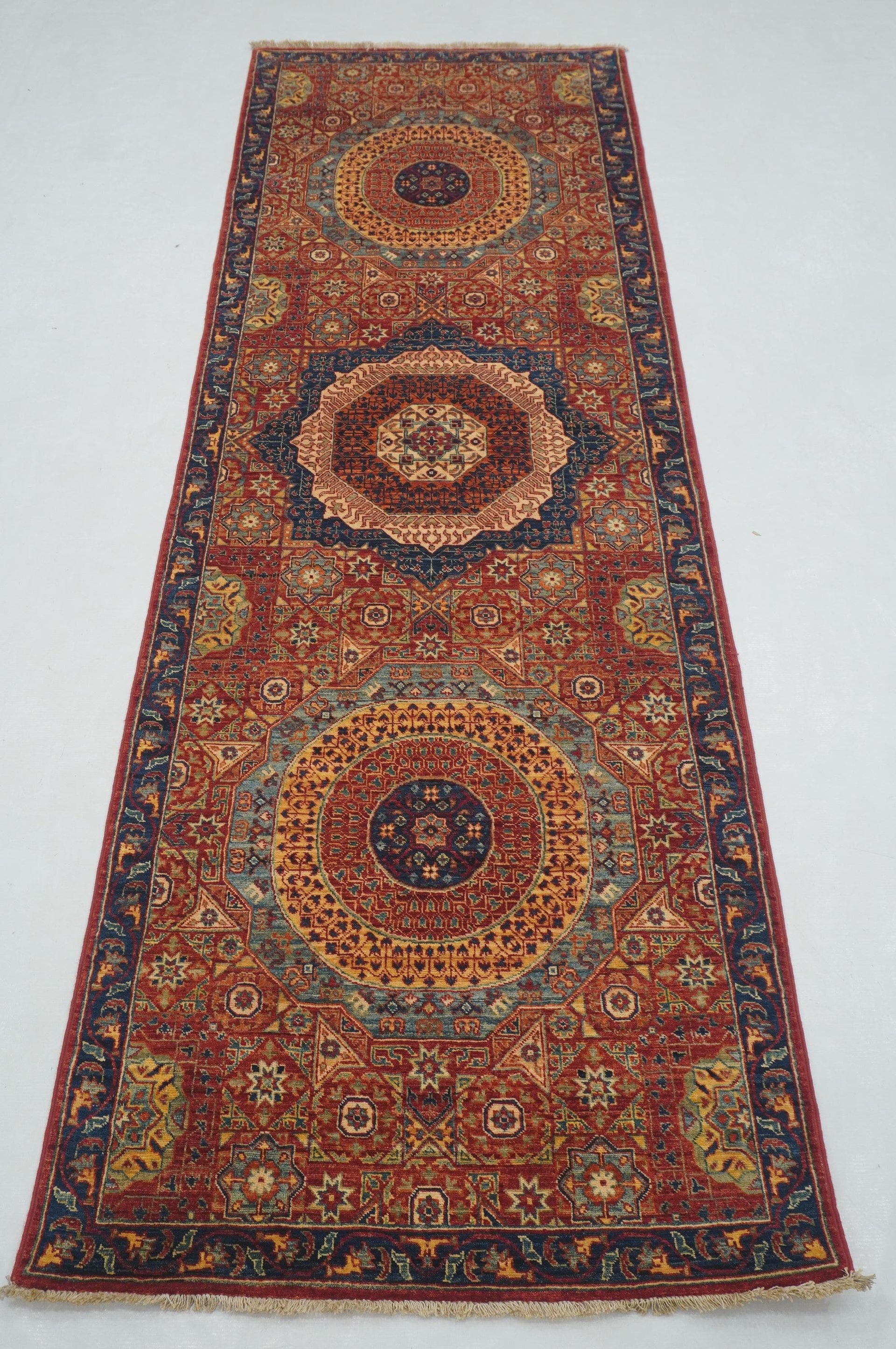 3x8 ft Red Mamluk Hand knotted Turkish Medallion Runner Rug