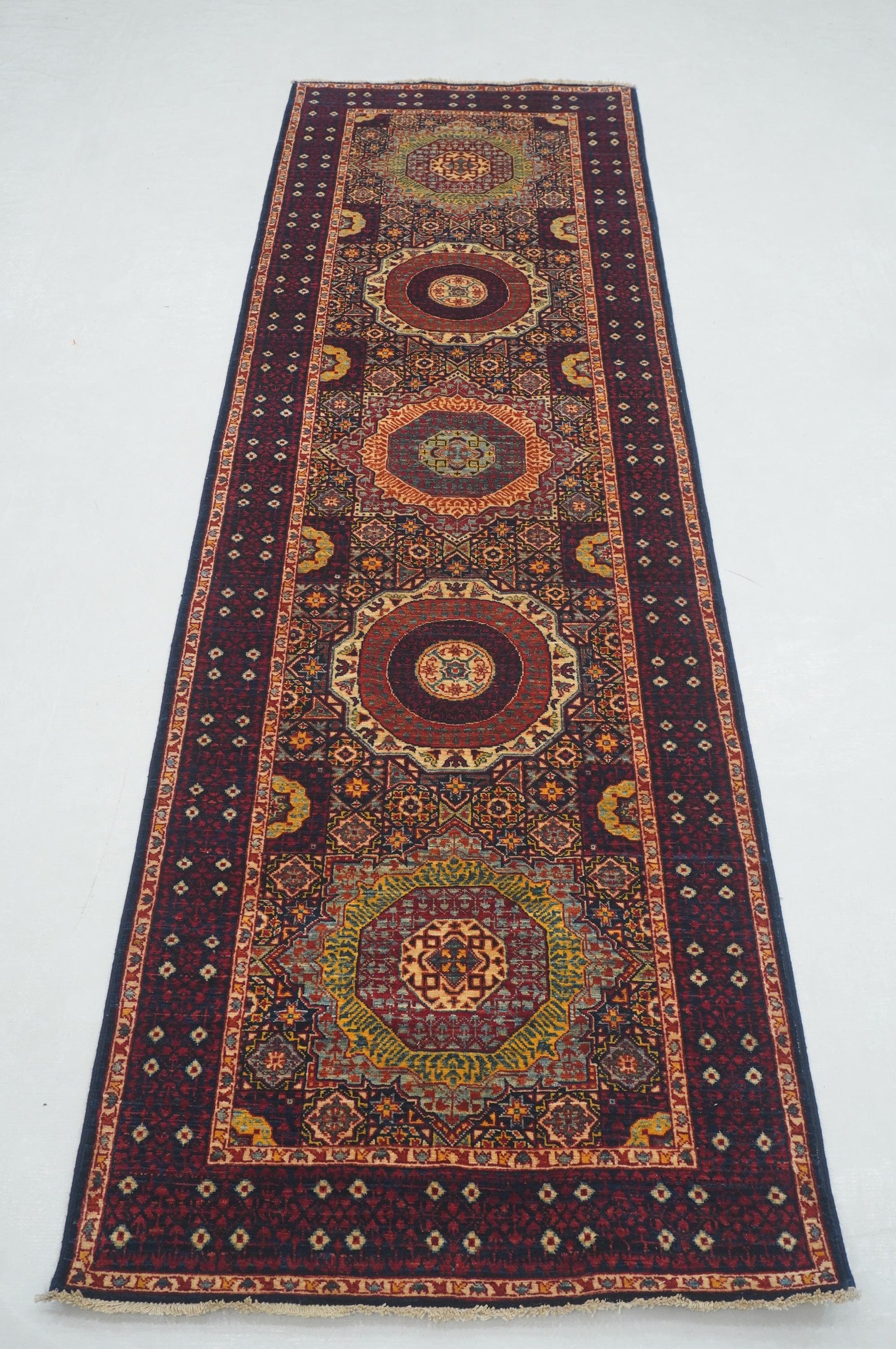 8 ft Navy Blue Mamluk Hand knotted Turkish Medallion Runner Rug
