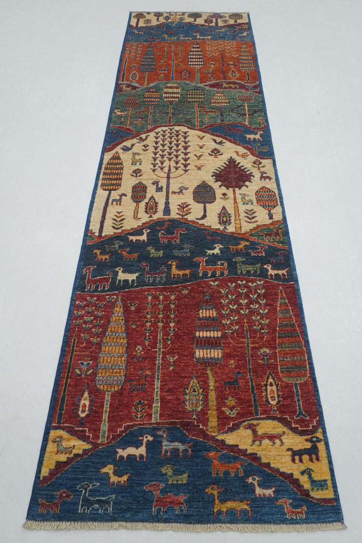 10 ft Blue Gabbeh Tree of Life Animal Landscape Afghan Runner Rug