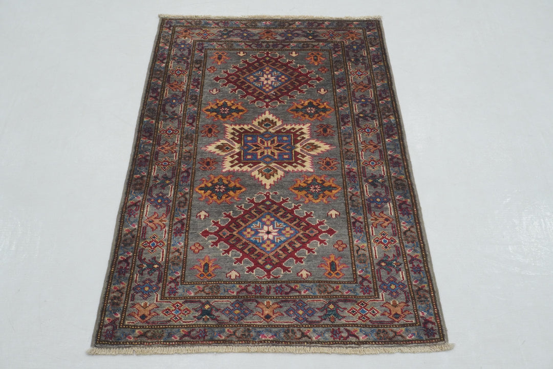 3x4 Gray Kazak Afghan Hand Knotted Oriental Rug