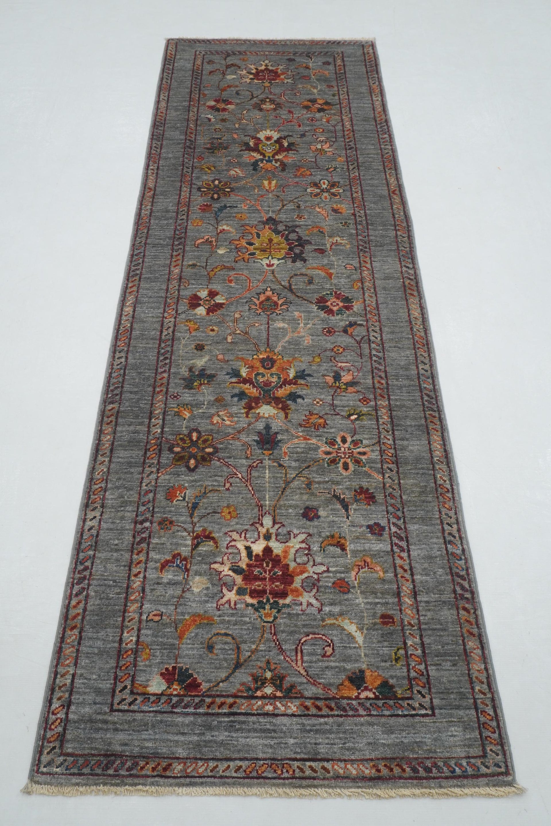 9 ft Blueish Gray Waziri Afghan Hand knotted Runner Rug