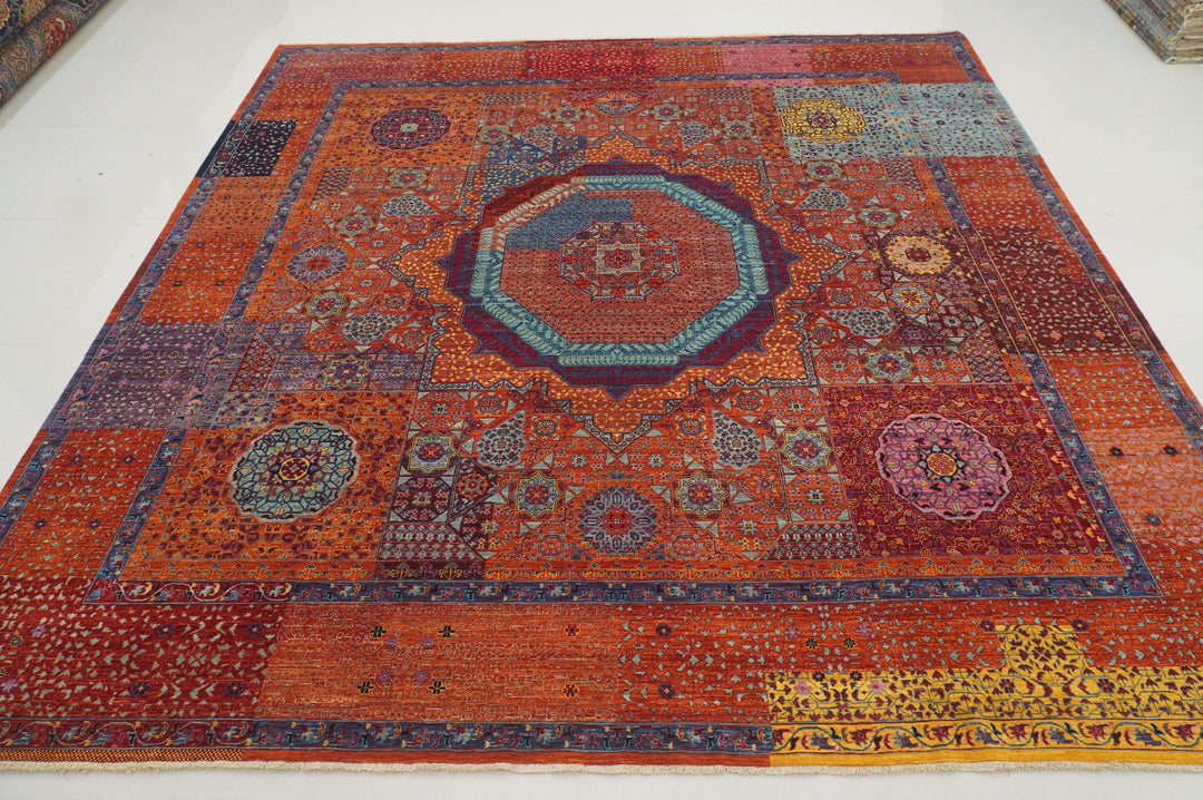 10x10 Rusty Orange Mamluk Turkish Medallion Square Rug